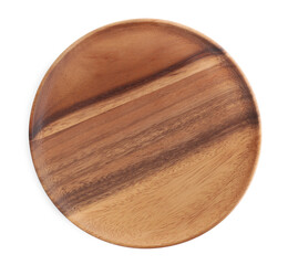 Wooden plate on white background, top view