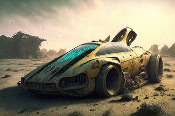 Fototapeta na wymiar futuristic rusty car in the desert landscape. 