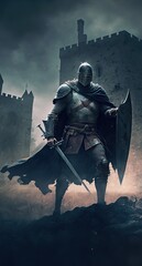 Naklejka premium medieval knight. castle fort with stormy weather. knight in full Armour.