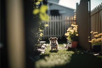 happy dog play in summer backyard