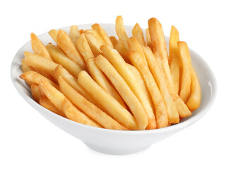 Bowl with tasty French fries on white background