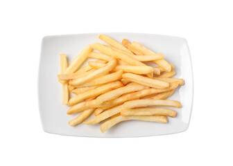 Tasty French fries on white background, top view