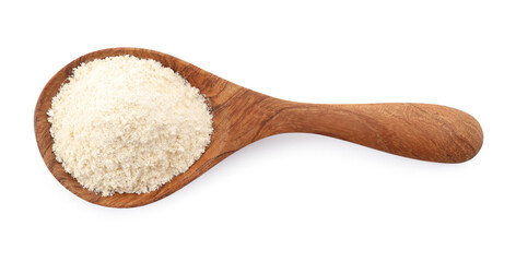 Fototapeta na wymiar Wooden spoon with quinoa flour on white background, top view