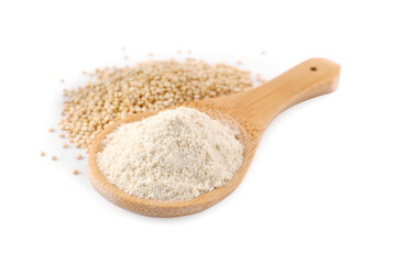Wooden spoon with quinoa flour and seeds on white background