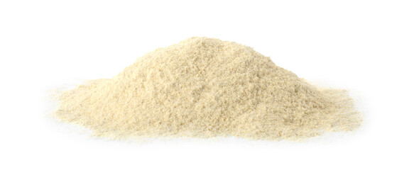 Heap of quinoa flour on white background