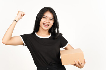 Holding Package Box or Cardboard Box Of Beautiful Asian Woman Isolated On White Background