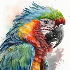 Watercolor Illustration of a Macaw, Blue, Green, Red, Orange, Generative AI