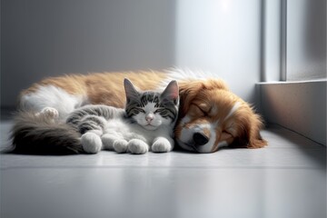cat and dog sleeping in home together  by ai generative