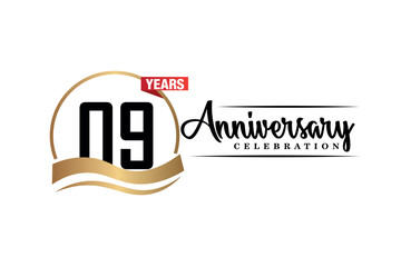 09th anniversary celebration logo vector design with gold black and red color on white background cute black color font