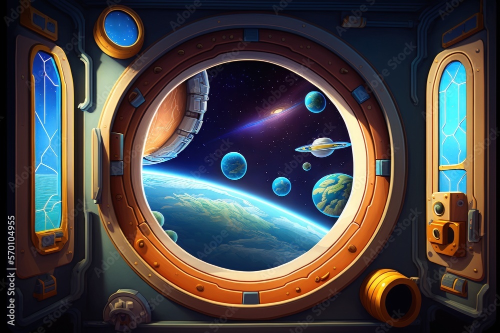 Wall mural space station window view of the universe. generative ai