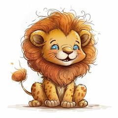 Cartoon illustration of a little funny lion on a white background, easily expanded for copy space, created with Generative AI technology