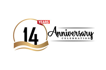14th anniversary celebration logo vector design with gold black and red color on white background cute black color font