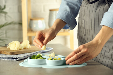 Obraz na płótnie Canvas Baby food. Woman putting piece of cauliflower into section plate with different vegetables at grey textured table in kitchen, closeup