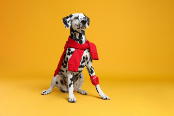 Adorable Dalmatian dog with red sweatshirt and bandana on yellow background
