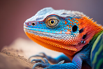 Fototapeta premium Close-up view of a colorful chameleon lizard, Ai Generated.