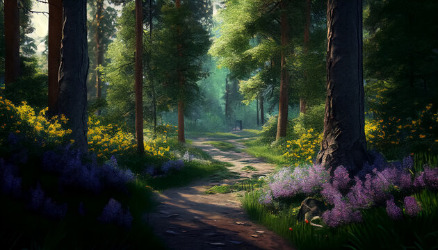 Illustration of scenic springtime forest landscape with wildflowers in the meadow. AI-generated image.
