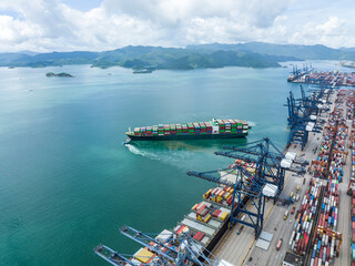 Aerial view of Manufacturing logistics cargo container ship at ship port in Yantian port, shenzhen...