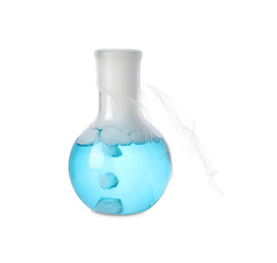 Laboratory flask with light blue liquid and steam isolated on white. Chemical reaction