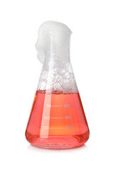 Laboratory flask with colorful liquid isolated on white. Chemical reaction