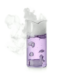 Laboratory beaker with colorful liquid and steam isolated on white. Chemical reaction