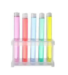 Test tubes with colorful liquids isolated on white. Chemical reaction