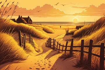North Holland, Netherlands, path leading to North Sea beach in golden sunset sunlight. Generative AI - obrazy, fototapety, plakaty