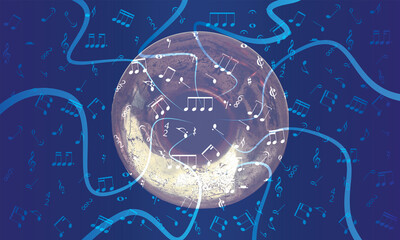 abstract musical background in blue with a bras horn and music notes