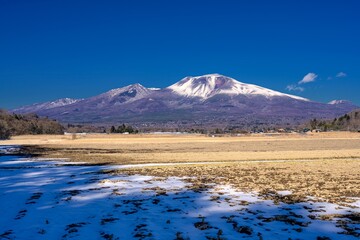 長野県・軽井沢町 発地から見る冬の浅間山の風景