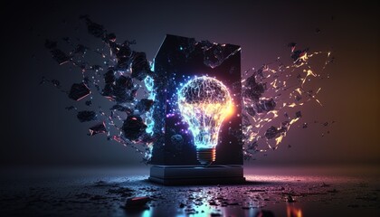 Think outside the box light bulb, creative openness to technological smart progress created with generative ai technology - obrazy, fototapety, plakaty