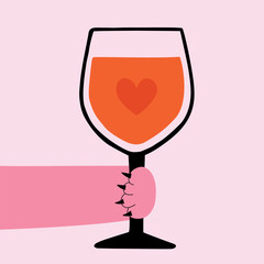 Vector illustration with pink cat paw and glass of red wine with heart. Funny print design with animal and alcohol drink - 570106558