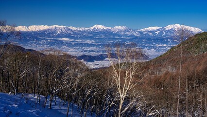 長野県・山ノ内町 冬の志賀高原から望む北信五岳と北アルプスの風景