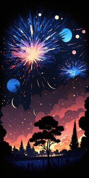 Large fireworks lit up the summer night sky. Generative AI