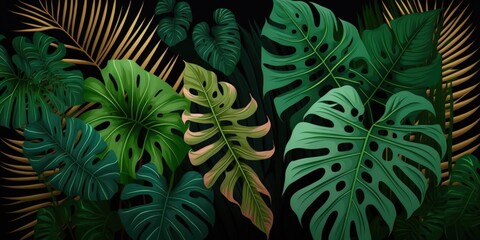 Tropical leaves in a grouped background are dark green ( monstera, palm, coconut leaf, fern, palm leaf,bananaleaf) picture background idea of nature. Generative AI