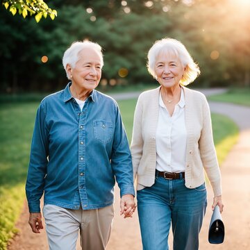 Smiling senior couple holding hands on a walk made with Generative AI