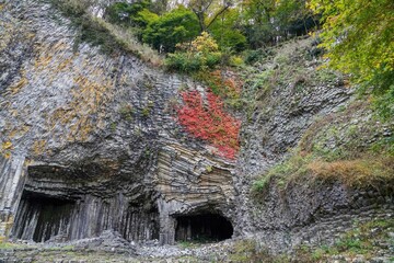 紅葉と玄武洞の柱状節理のコラボ情景＠兵庫
