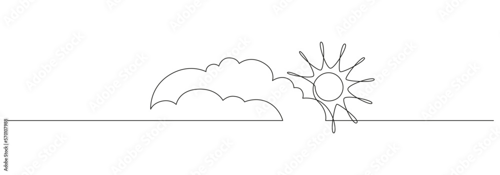 Leinwandbilder one continuous line drawing of clouds with sun in the sky. weather symbol and storage concept in sim
