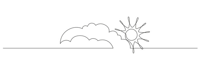 One continuous line drawing of Clouds with sun in the sky. Weather symbol and storage concept in simple linear style. Editable stroke. Doodle vector illustration