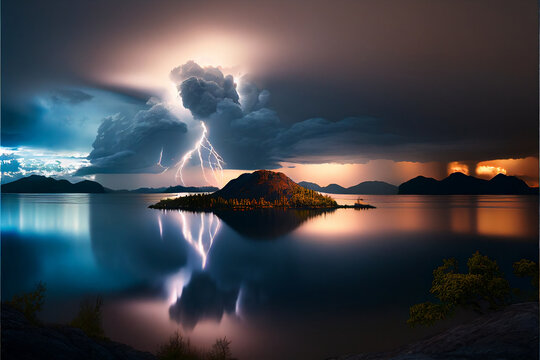 Lightning over the sea. AI Rendered Image.