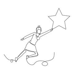 Continuous single one line drawing of business woman reaching star. Vector illustration concept of business reward, success, career goal.