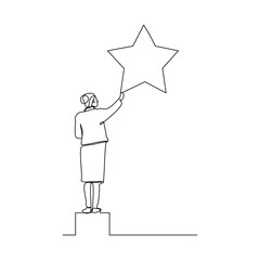 Continuous single one line drawing of business woman reaching star. Vector illustration concept of business reward, success, career goal.