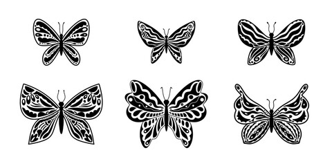 Black sketches of butterflies. Tattoo art stickers. Y2k aesthetic. Elegant silhouettes of butterflies in the trendy retro style of the 2000s.