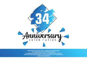 34 year anniversary celebration vector design with blue painting on white background  Template abstract 