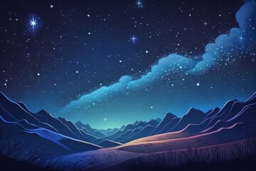 Fototapeta premium Wide angle shot of a nighttime landscape featuring the vibrant Milky Way galaxy and numerous bright stars. Starry summer sky with hills. Lovely Universe. Generative AI
