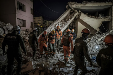 Fototapeta na wymiar Уarthquake, Collapsed house, Turkish rescue team searches for survivors. Digital illustration created with Generative AI.