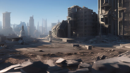 modern city destroyed by the war, postmodern world, Generative AI