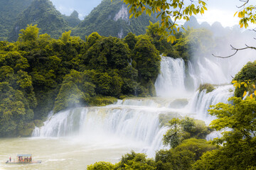 Ban Gioc Waterfall on the Quy Xuan River in Cao Bang Province, nears the Sino-Vietnamese border. The waterfall falls thirty meters in cascades