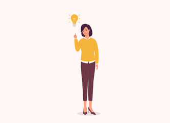 One Smiling Businesswoman Thinking With One Finger Pointing Up A Yellow Light Bulb. Full Length. Flat Design Style, Character, Cartoon.