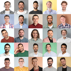 Collage with portraits of happy men on different color backgrounds