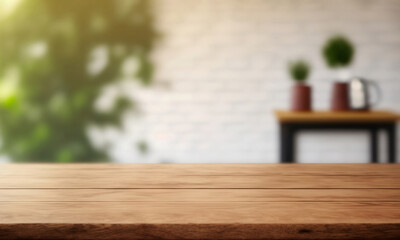 Wood table top on blur panoramic background. Product or food display backdrop. Generative AI.