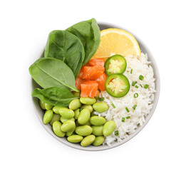 Poke bowl with salmon, edamame beans and vegetables isolated on white, top view